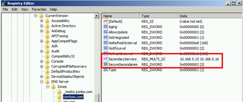 Screenshot of the Registry Editor window with zone transfer settings.