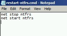 Screenshot of the restart-ntfrs file, showing the script that restarts NTFRS.