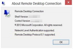 Screenshot of the About Remote Desktop Connection window, which shows Remote Desktop Protocol 8.1 supported.