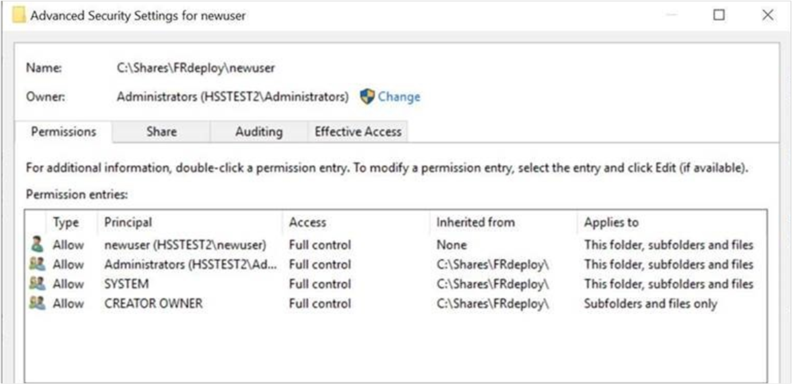 Setting the permissions for newuser’s folder under the root of the Folder Redirection share
