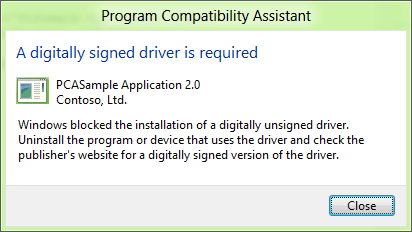 app fails due to unsigned drivers on 64-bit windows 8 dialog