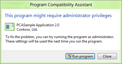 app fails to launch or run due to administrative privilege option dialog