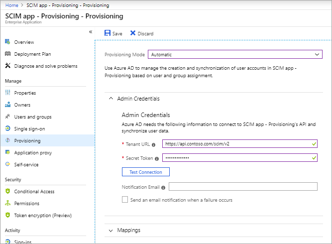 Example: An app's Provisioning page in the Azure portal