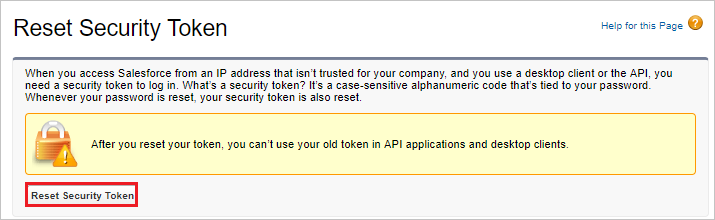 Screenshot shows the Rest Security Token page, with explanatory text and the option to Reset Security Token