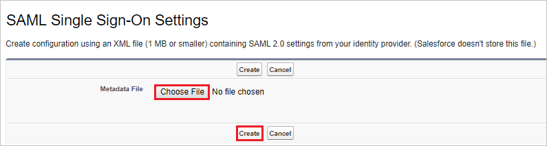 Screenshot that shows the "Single Sign-On Settings" page with the "Choose File" and "Create" buttons selected.