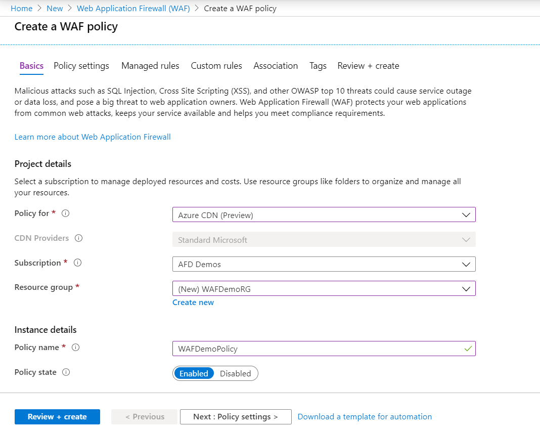 Screenshot of the Create a W A F policy page, with a Review + create button and values entered for various settings.