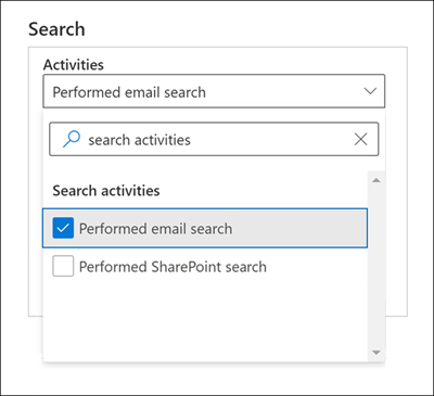 Searching for Performed email search actions in the audit log search tool.