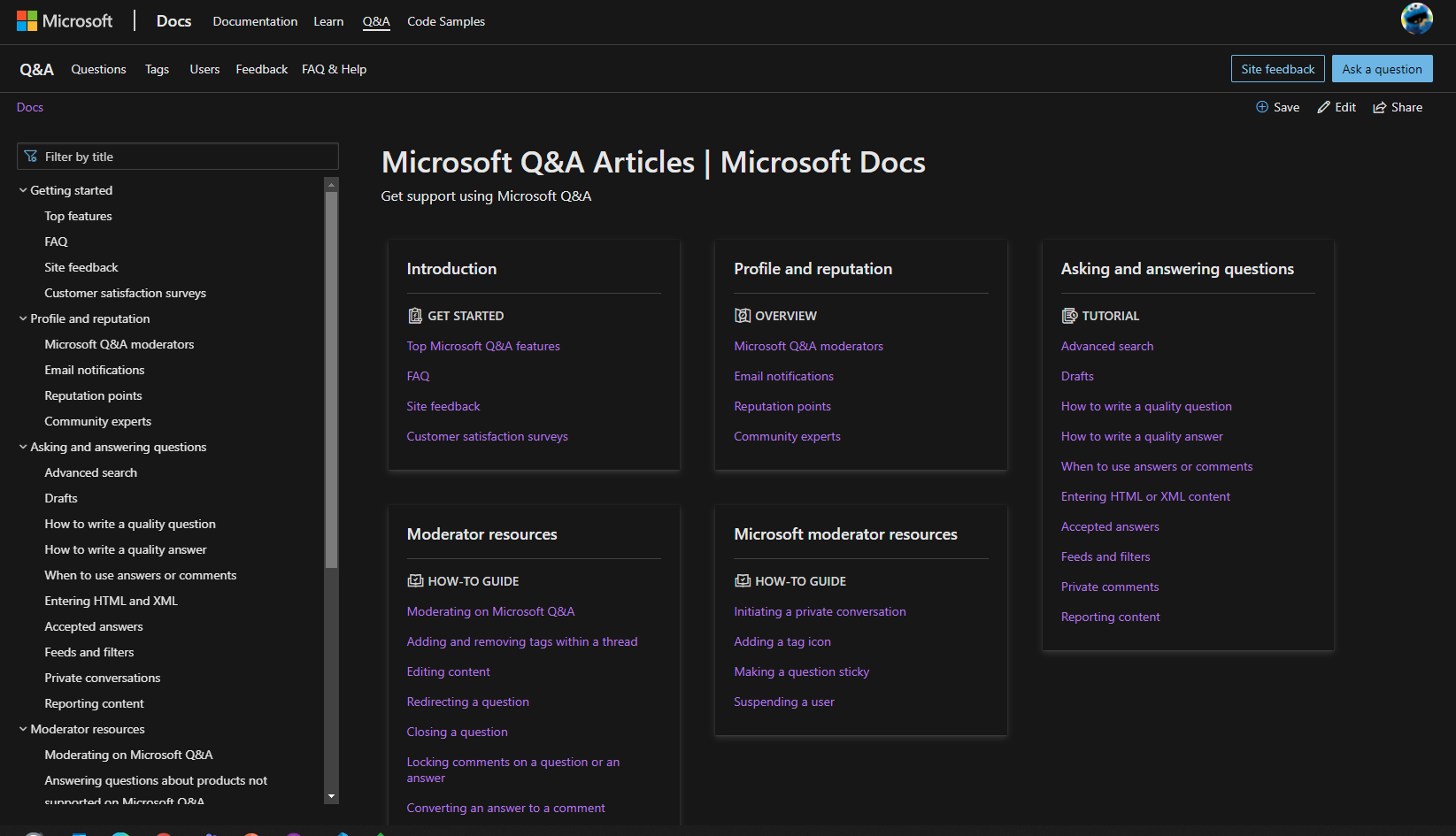Home page for the Q&A help articles in Docs