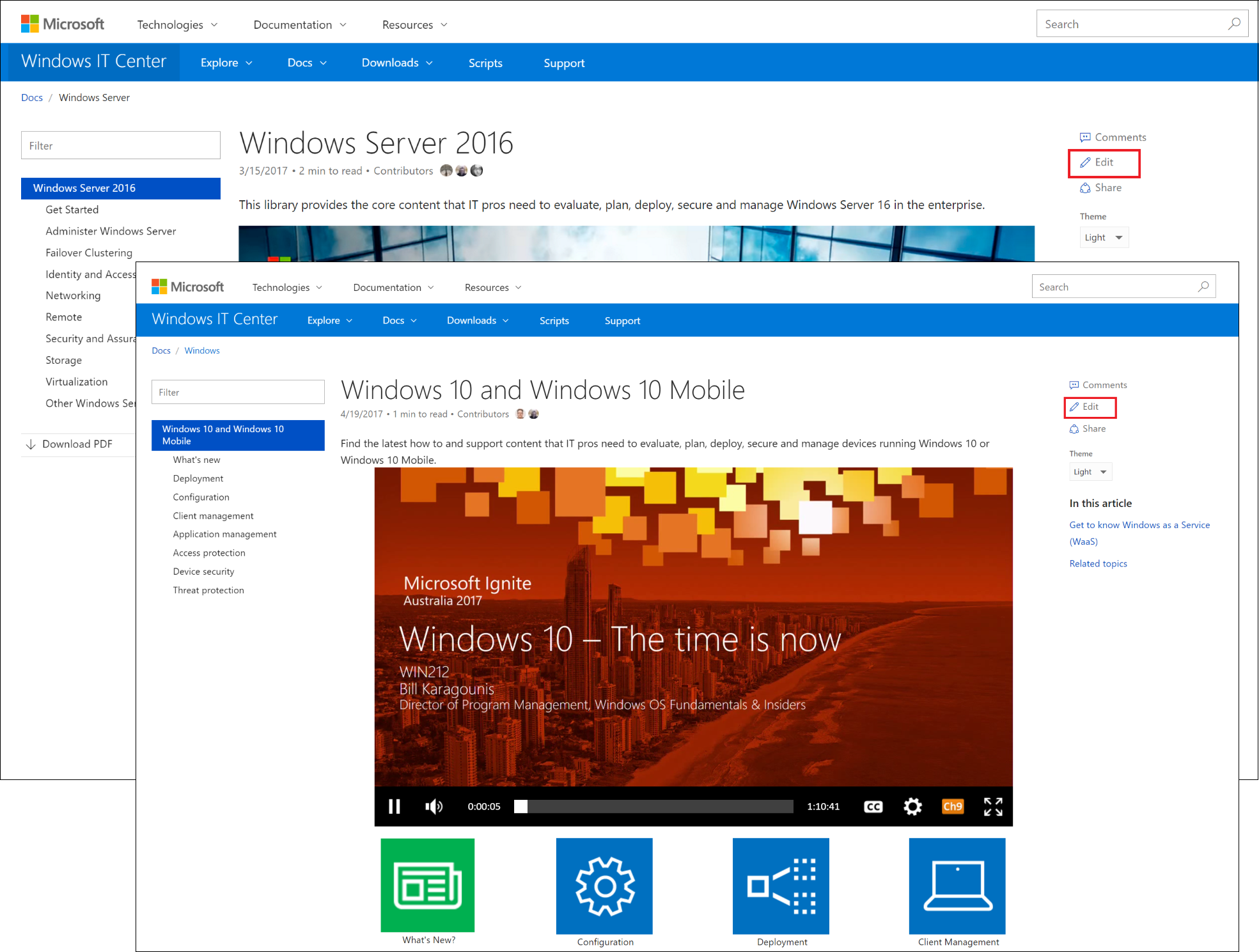 Windows 10 and Windows 10 Mobile and Windows Server 2016 landing pages on docs.microsoft.com