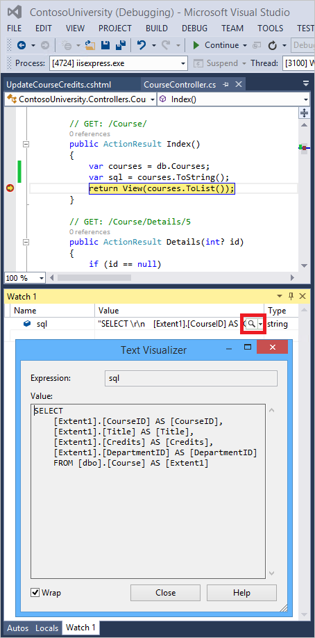 One screenshot that shows the Course Controller with a line of code highlighted. Another screenshot that shows the Text Visualizer open and a magnifying glass is circled in red in the Value field.