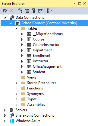 Screenshot that shows the Server Explorer window. The Tables folder under School Context is open.