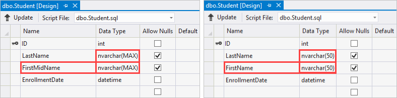 Two screenshots that show the differences in the Name and Data Type of the two Student tables.