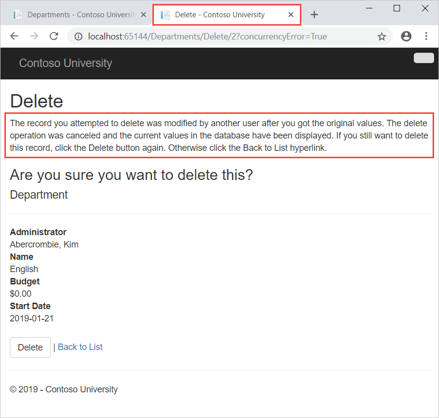 Screenshot shows the Delete page for a record with a message about the delete operation and a Delete button.