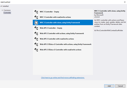 Screenshot that shows the Add Scaffold dialog. M V C 5 Controller with views, using Entity Framework is selected.