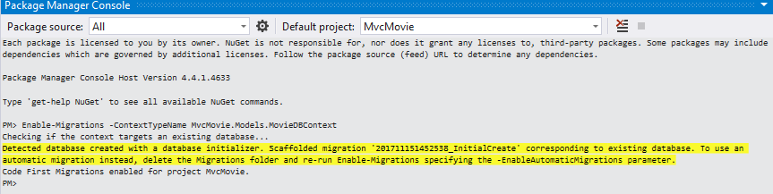 Screenshot that shows the Package Manager Console window. Text in the Enable Migrations command is highlighted.