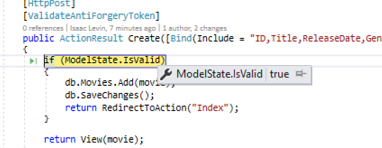 Screenshot that shows the H t t p post and if Model state dot is valid is highlighted.