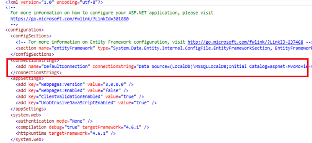 Screenshot that shows code and the connection string element is circled in red.