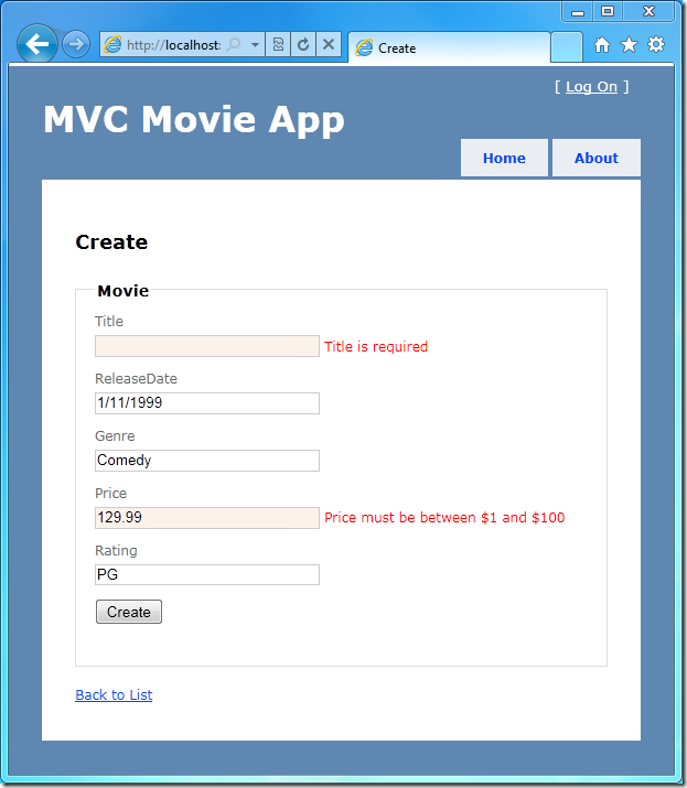 Screenshot of the movie listing application that supports creating editing and listing movies from a database.