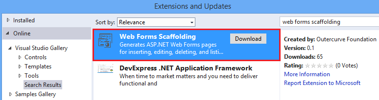 install web forms scaffolding