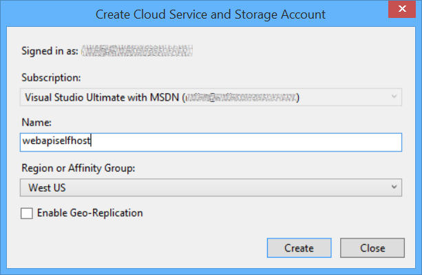 Screenshot of the 'create cloud service and storage account' dialog box, requesting user to enter a name and region for their application's service.