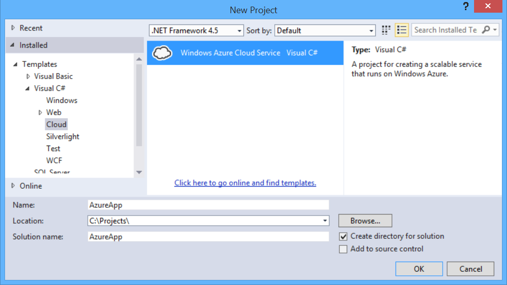 Screenshot of the 'new project' dialog box, highlighting the steps in the menu options to create an Azure App project.
