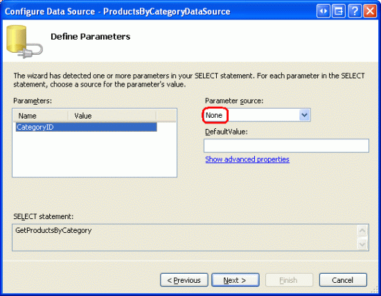 Screenshot showing the Configure Data Source window with the Parameter source set to None.