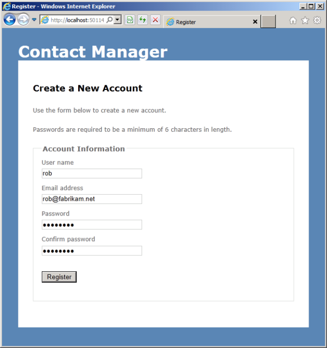 Add a user name, email address, and password, and verify that you're able to register an account successfully.