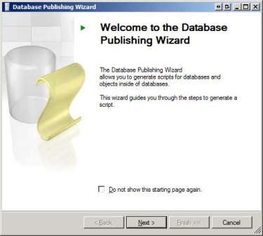 Screenshot of the Database Publishing Wizard window, which is showing the splash screen and the Next button to advance the wizard.