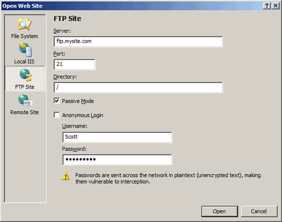 Screenshot of the Open Web Site dialog, which is showing the connection information is filled into the text fields.