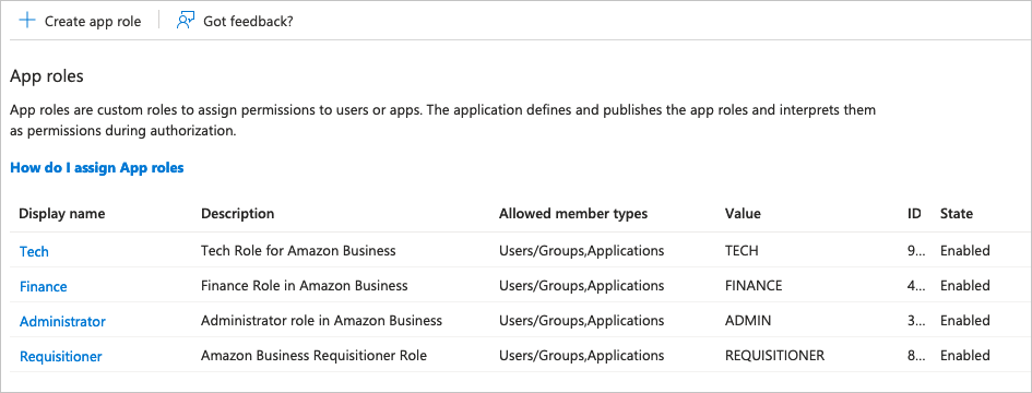 Screenshot of the application roles list.