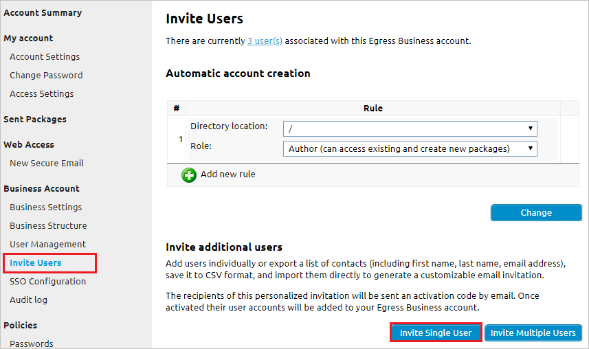 Screenshot that shows the "Invite Users" page with the "Invite Single User" button selected.