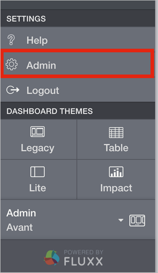 Screenshot that shows the "Settings" section with "Admin" selected.