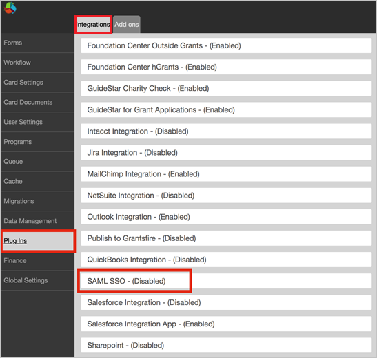 Screenshot that shows the "Integrations" tab with "S A M L S S O- (Disabled) selected.