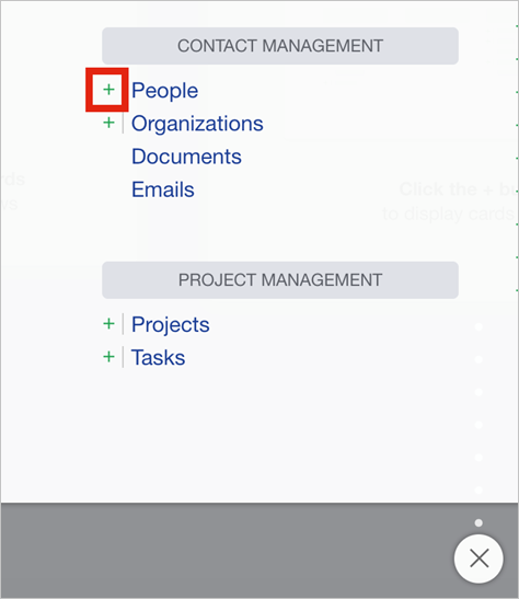 Screenshot that shows the "Contact Management" menu with the "Plus" icon next to "People" selected.