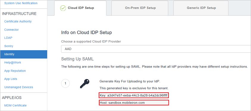 Screenshot shows the Setting Up SAML option with a key and host value.
