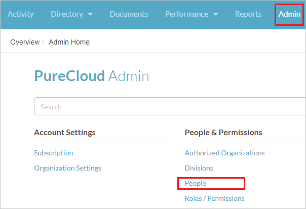 Screenshot shows the PureCloud Admin window where you can select People.