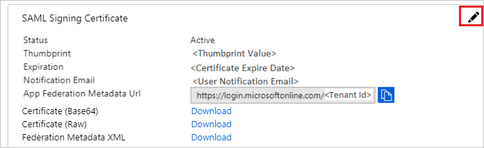 Screenshot that shows the "S A M L Signing Certificate" section with the "Certificate (Base64" "Download" action selected.)