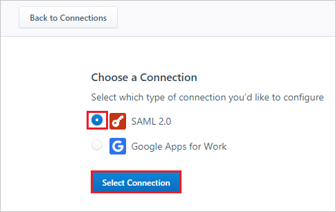 Screenshot that shows the "Choose a Connection" section with "S A M L 2.0" and the "Select Connection" button selected.