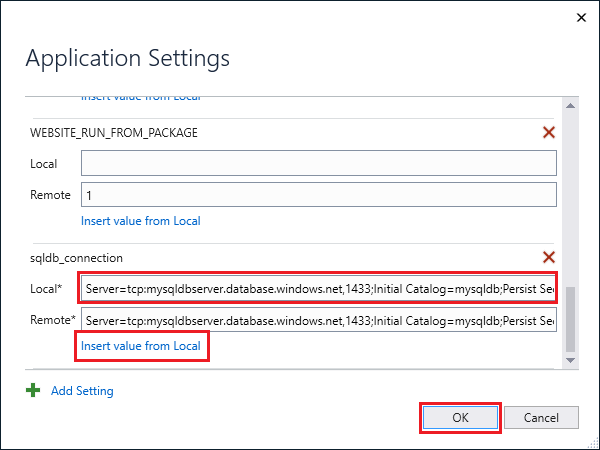 Add SQL connection string setting.