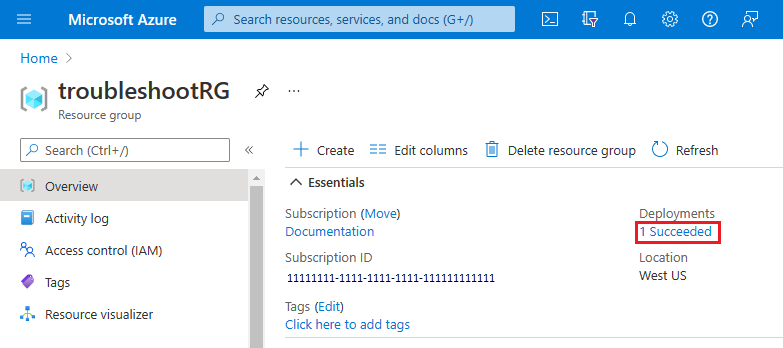 Screenshot of Azure portal highlighting the link to a resource group's deployment history in the Overview section.