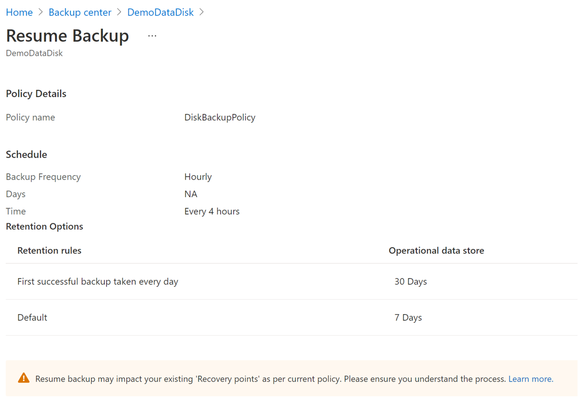 Screenshot showing the option to resume disk backup.