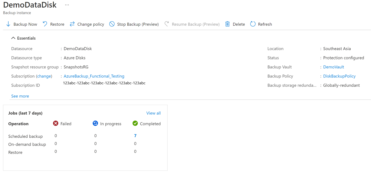 Screenshot showing the selection of the Azure disk backup instance to be stopped.