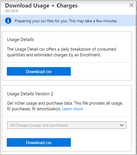 Screenshot showing the Download Usage + charges page to select a file to download.