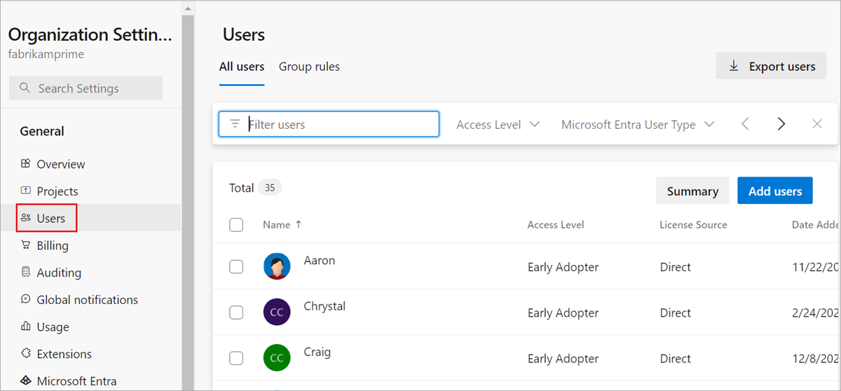 Screenshot showing selected Users button in organization settings.