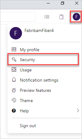 Select from your profile dropdown menu, Security