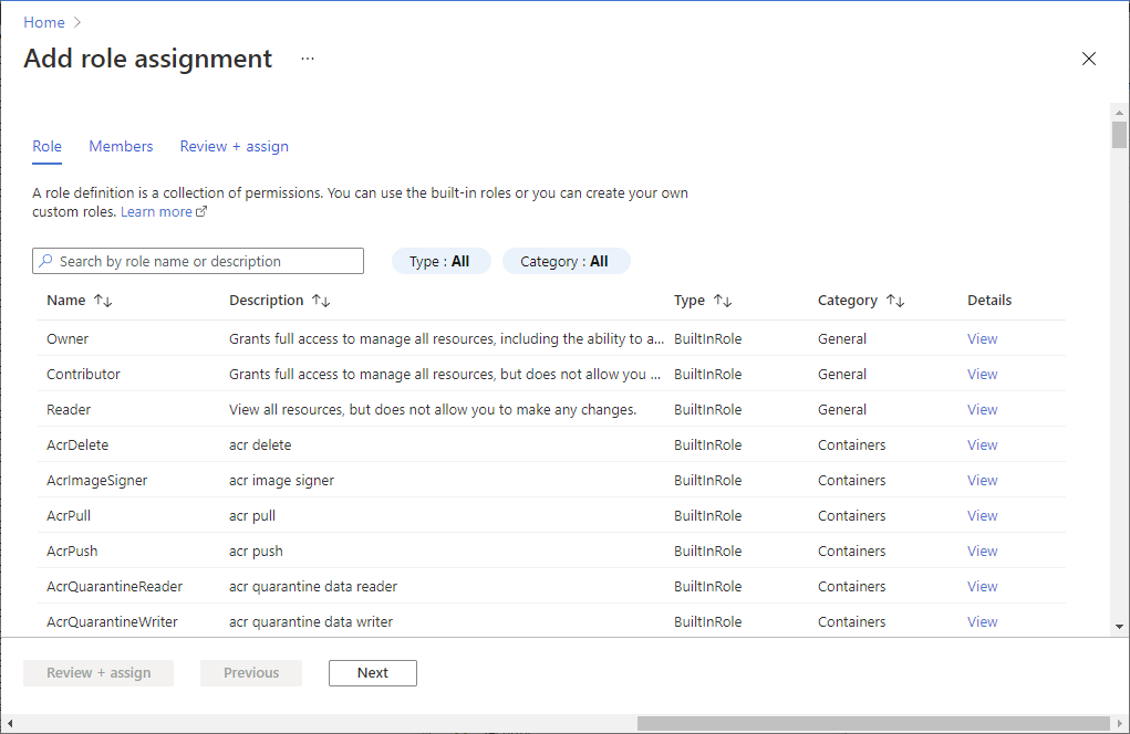 Screenshot of role assignment page in Azure portal.