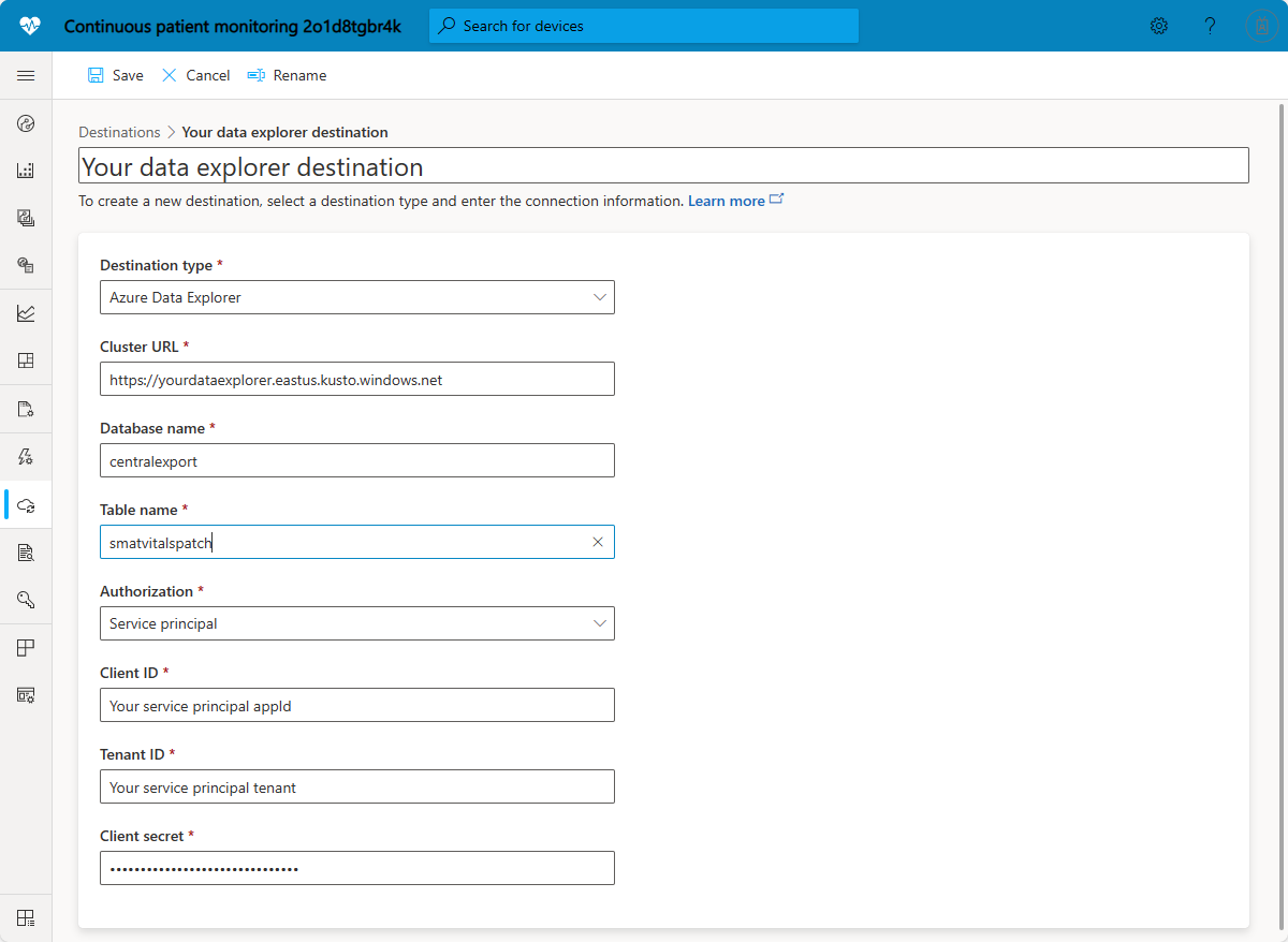 Screenshot of Azure Data Explorer export destination that uses a service principal.