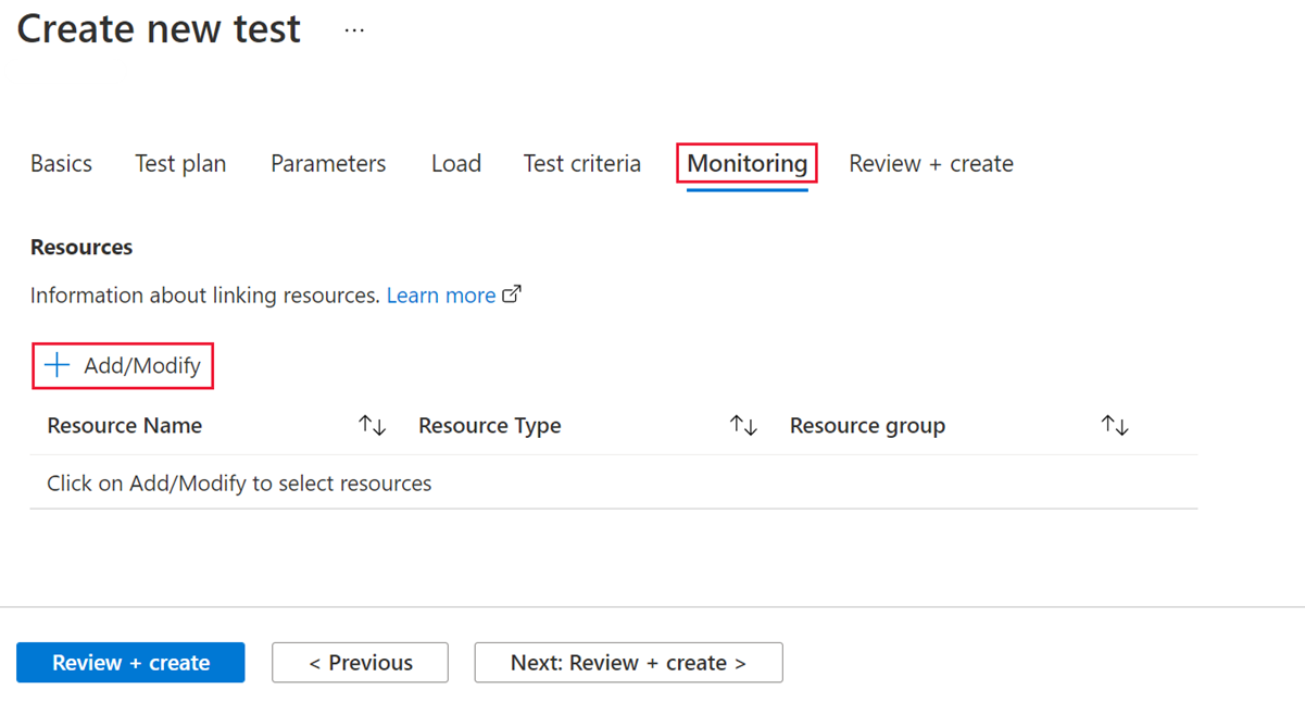 Screenshot that shows the Monitoring tab for creating a test.
