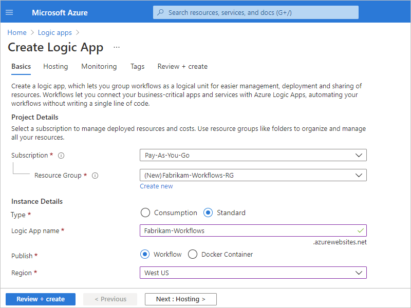 Screenshot that shows the Azure portal and "Create Logic App" page with the "Basics" tab.