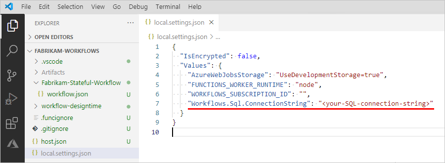 Screenshot showing Visual Studio Code, logic app project, and open "local.settings.json" file with SQL connection string setting.